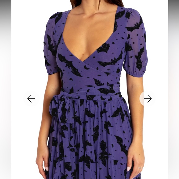 FLOCK OF BATS PURPLE WRAP MIDAXI DRESS - LIMITED Halloween - Picture 4 of 10